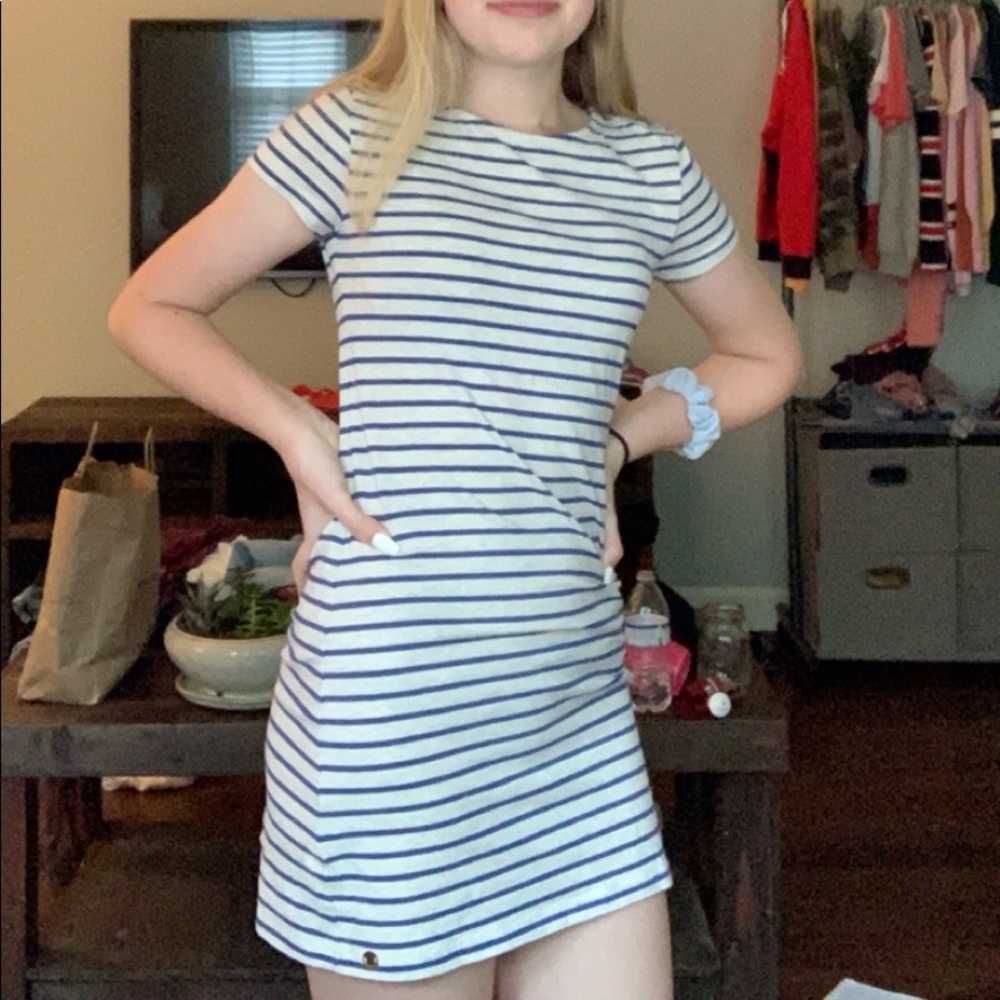 blue and white stripped short sleeve dress